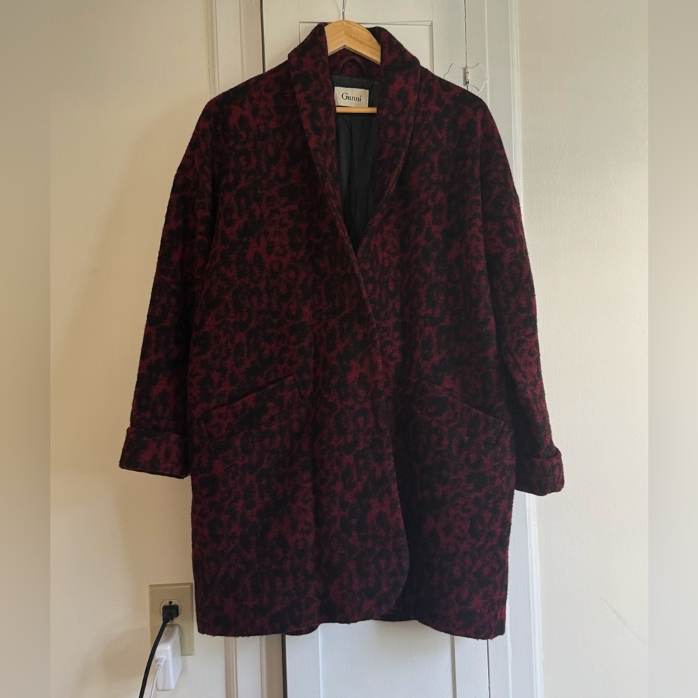 Ganni Burgundy and Black Leopard Wool Coat size S